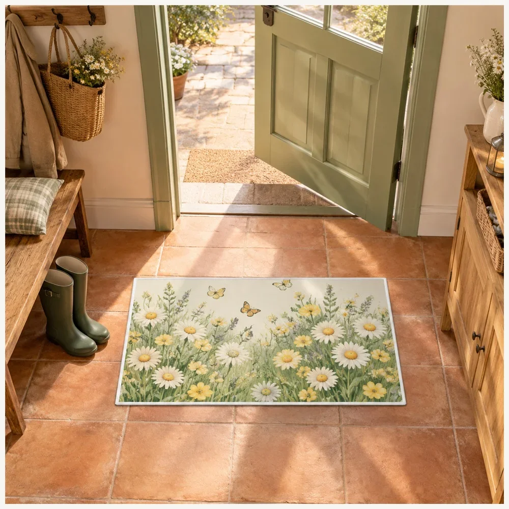 VIKAMA Daisy Meadow Door Mat, Quick Dry Non Slip Flannel Rug, Rustic Garden Floor Mat for Utility Room, Living Room, Boot Room
