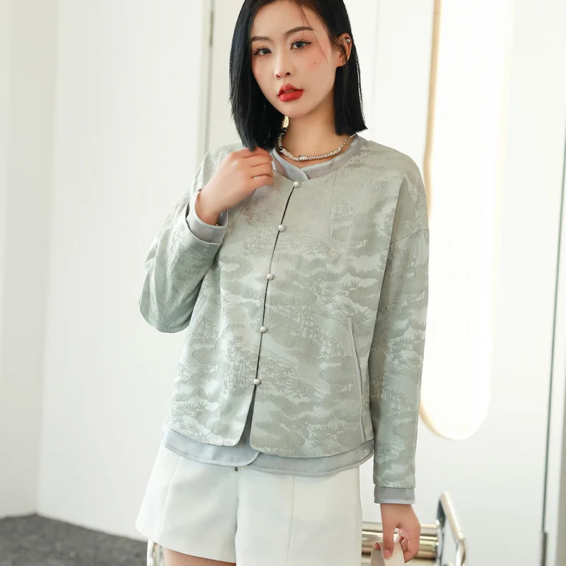 Spring Autumn Jacquard Double-layer Round Neck Jacket Chinese Style Artificial Silk Women's Top Elegant Literary Short Coat