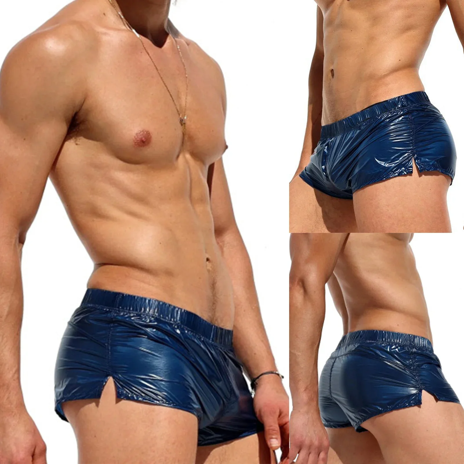 

Mens Glossy Swimming Trunks Low Rise Sides Slit Solid Color Slim Fit Shorts Male Swimwear Swimsuit Pool Party Nightclub Costume
