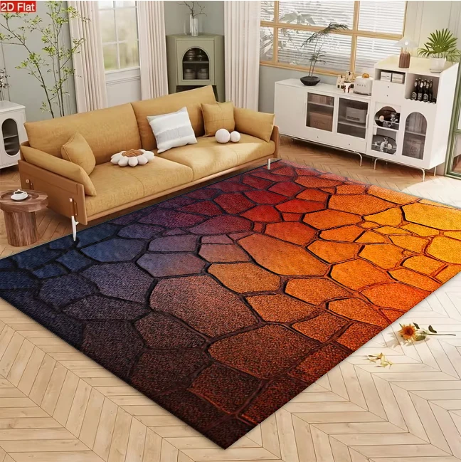 Warm Gradient Cracked Stone Texture Carpet Flooring, Abstract Rock Pattern Non-Slip Area Rug for Living Room Bedroom Modern Home Decor