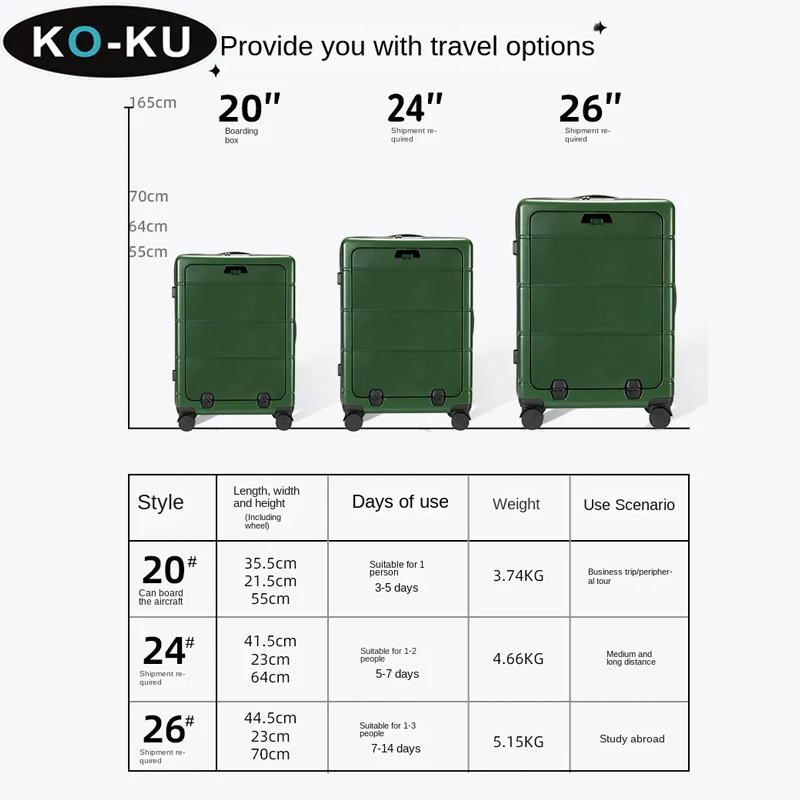 KO-KU Multifunctional Suitcase Front Opening Lid Female 20 Inch Business Trolley Case Male Boarding Luggage 24/26 with USB Port