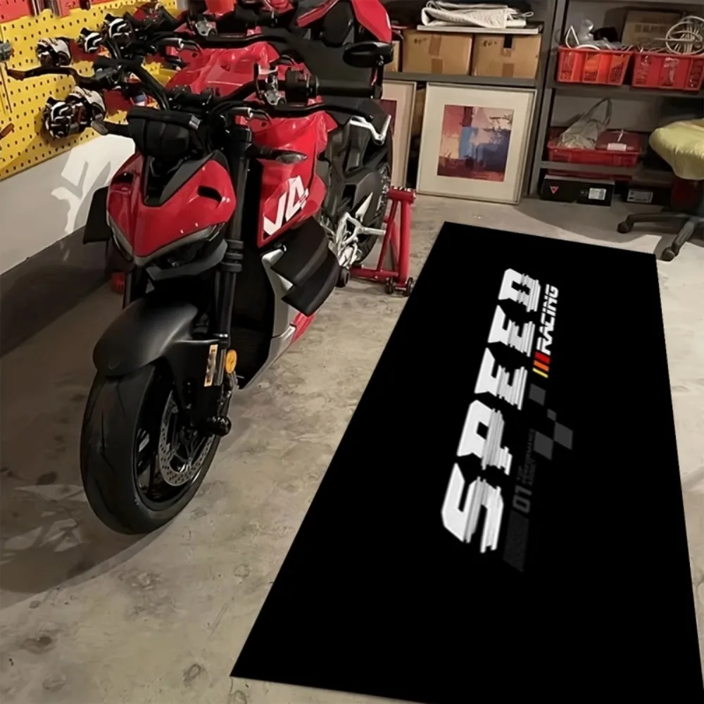 SPEED Racing Motorcycle Mat, Anti-Slip Garage Floor Mat for Motorbike Parking, Oil Absorbent, Cool Black Style, Multi-Size Decor