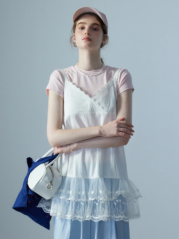 

White Lace Strap Top Women's Summer New Simple Casual Loose Slim Svel Vest Strap EGGKA Polyester Fiber