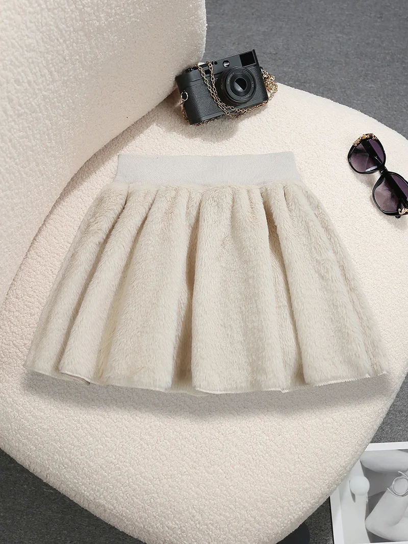 Autumn Winter Plush Short Skirt For Women American Trend Spicy Girl Solid Color Pleated Sweet Bow Lace-up Thicken Skirts