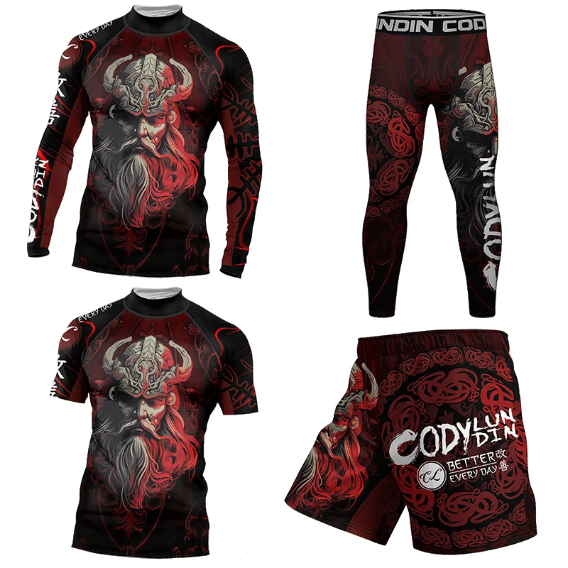 Hign NeckCompression MMA T Shirt+Pants Muay Thai Shorts Men jiu jitsu BJJ Rashguard Fitness Tracksuit Boxing Jerseys Sport Suit - Image 2