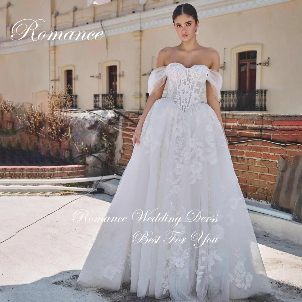 Klassieke strapless a-lijn trouwjurk dames applicaties kant backless uit de schouder rechter trein vestidos de novia aangepast