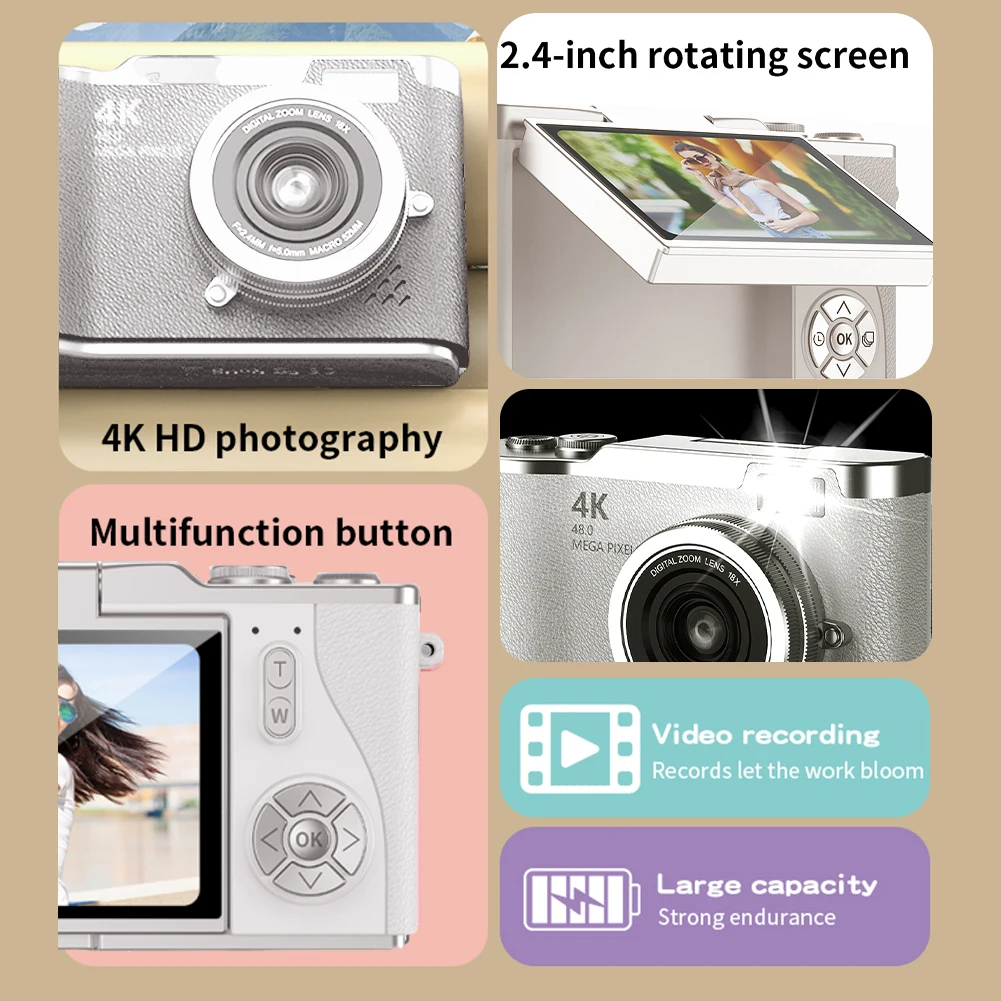 4Kデジタルカメラ 48MP ポータブルCCDカメラ 8倍ズーム コンパクト小型カメラ 180度回転スクリーン ヴィンテージカメラ ティーン/大人/初心者向け