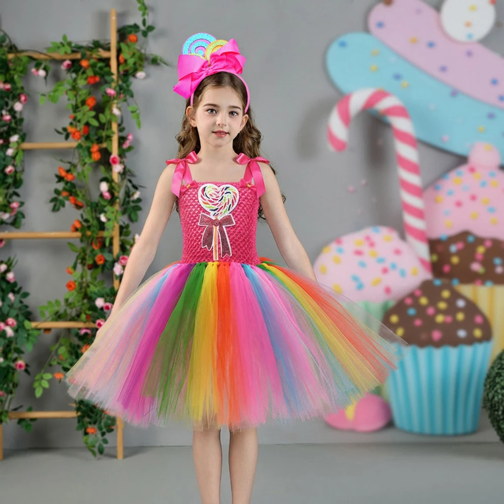 Lollipop Candy Girls Tutu Dress Kids Rainbow Birthday Party Dress Children Sweet Candy Land Outfit Girls Dance Recital Tutu Gown