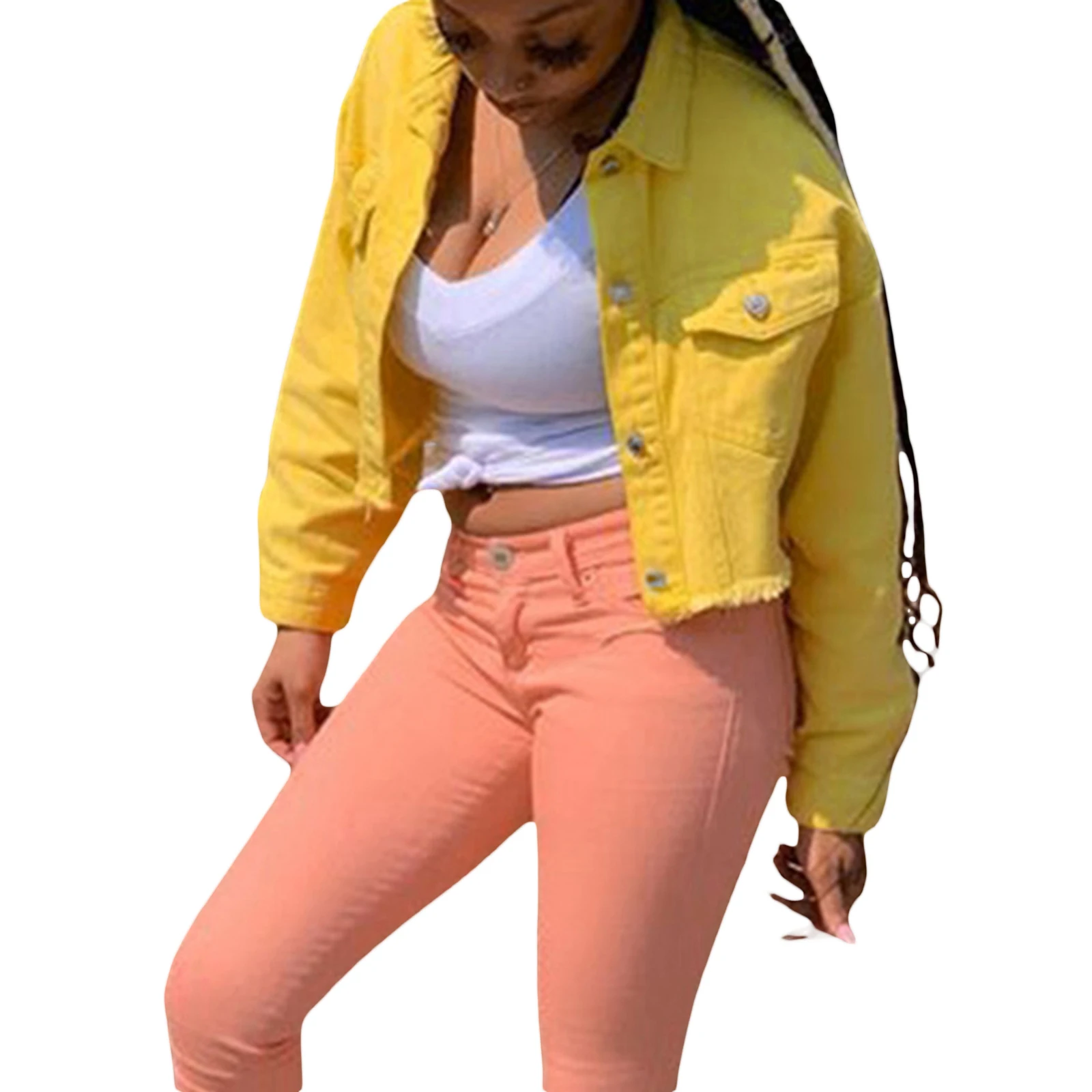 Dámský džínový krátký kabát, jednobarevný, s dlouhým rukávem, klopou, sako s knoflíky, opotřebovaný lem, zkrácený džínový kabát - náhled 6