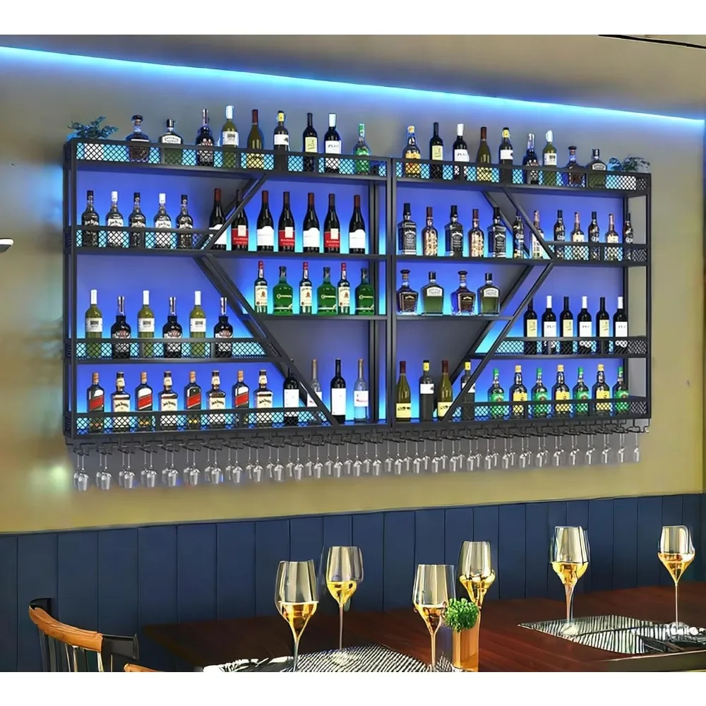 

Modern Wall Mounted Wine Rack w/LED Light, Metal Wall Bar Shelves Wall Mounted w/Glass Holder, Large Liquor Shelf for Liquor Bot