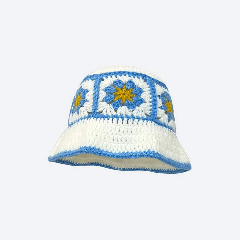 

Handmade Crochet Bucket Hats For Women Patch Flower Knitted Fisherman Hats Female Panama Bob Outdoor Holiday Sun Caps Lady