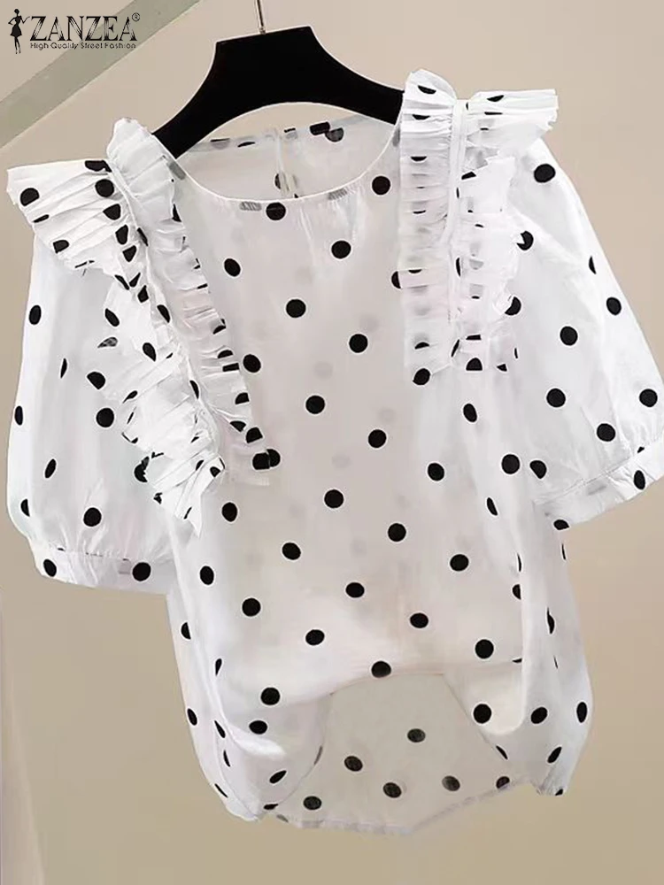 ZANZEA Women Polka Dot Blouse Summer Ruffle Lantern Short Sleeve Shirt 2024 Korean Casual Round Neck Tunic Sweety Chiffon Tops