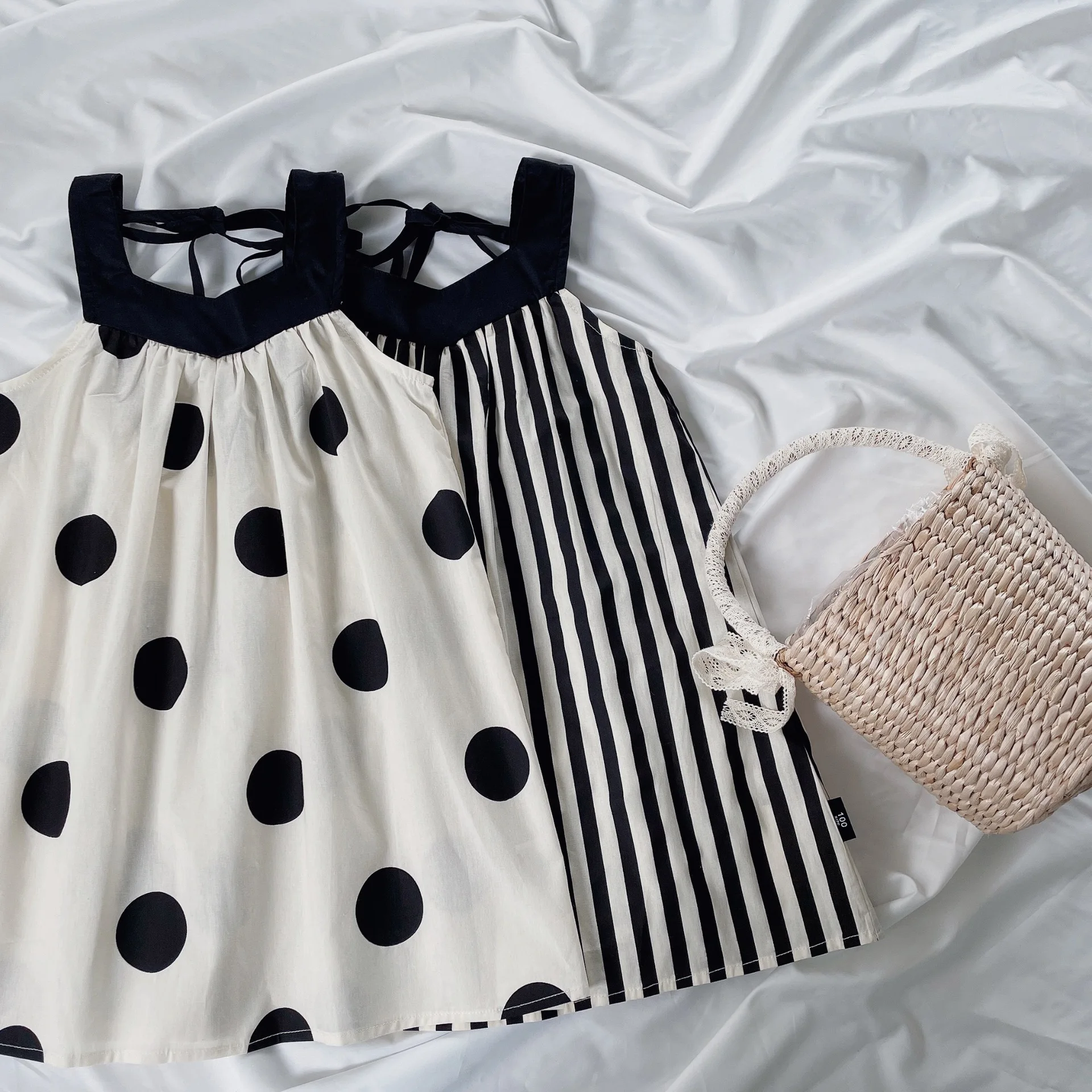 Girl's Polka Dot Camisole Dress 2024 Summer New Children's Korean Version Lace Up Dress Baby Striped Vest Dress Kids Dresses