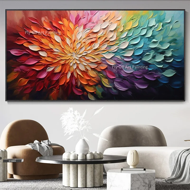 Abstract Colorful Handmade Knife Thick Flowers Canvas Artwork Blue Red Gradient Floral Oil Painting Large Artwork Home Decor