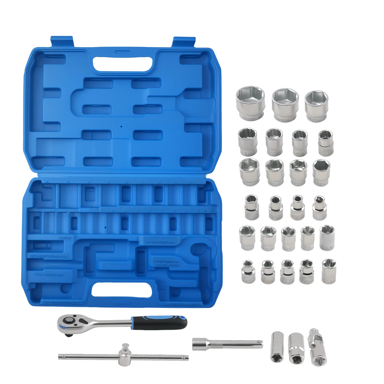 

32 Piece Socket Set 1/2" 8-32mm 6-Point 12-Point Ratchet Extension Bar Tool