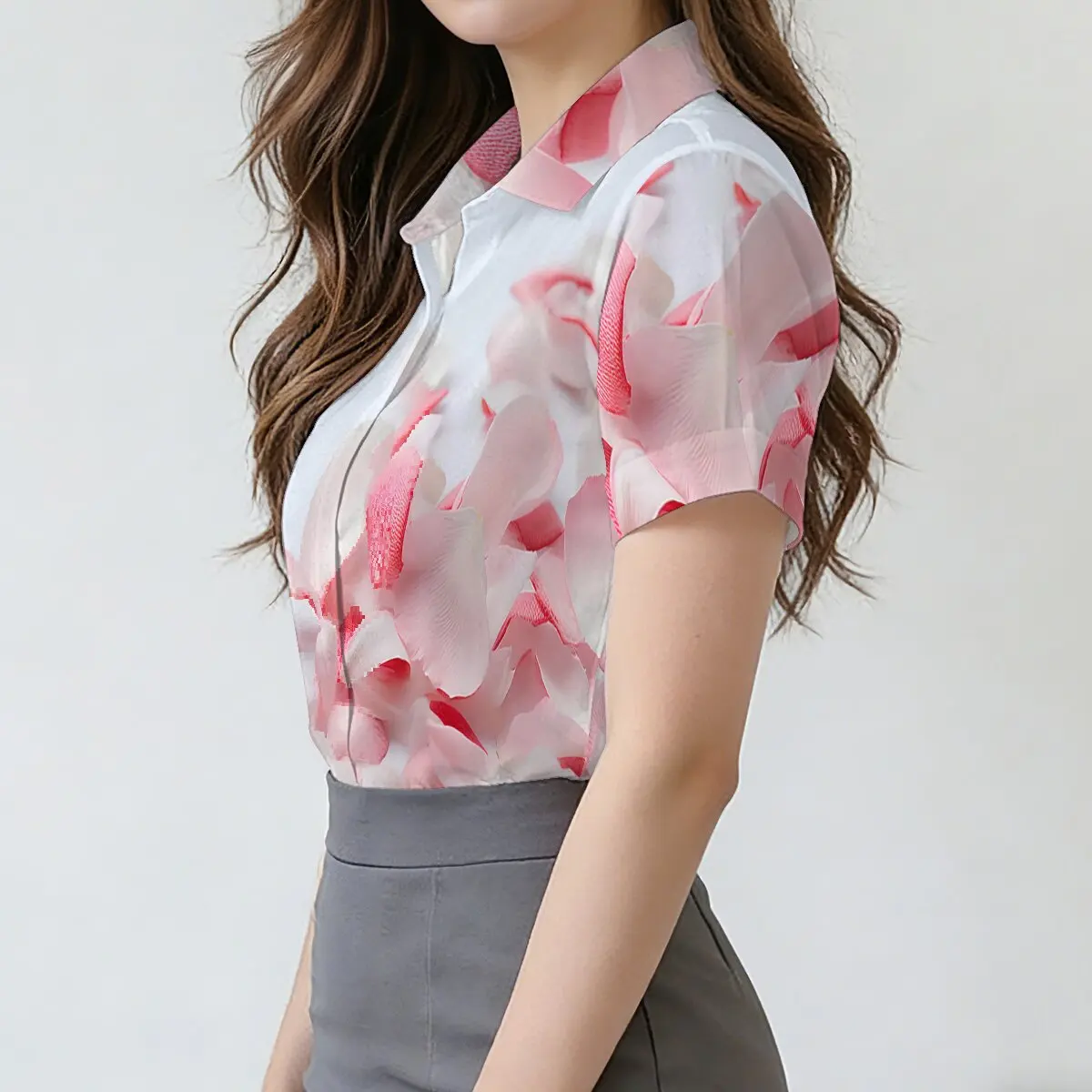 Summer Women's Short-Sleeve Shirt with Sweet Petal Patterns, Suitable for Romantic Dates, Casual Gatherings and Fashionable