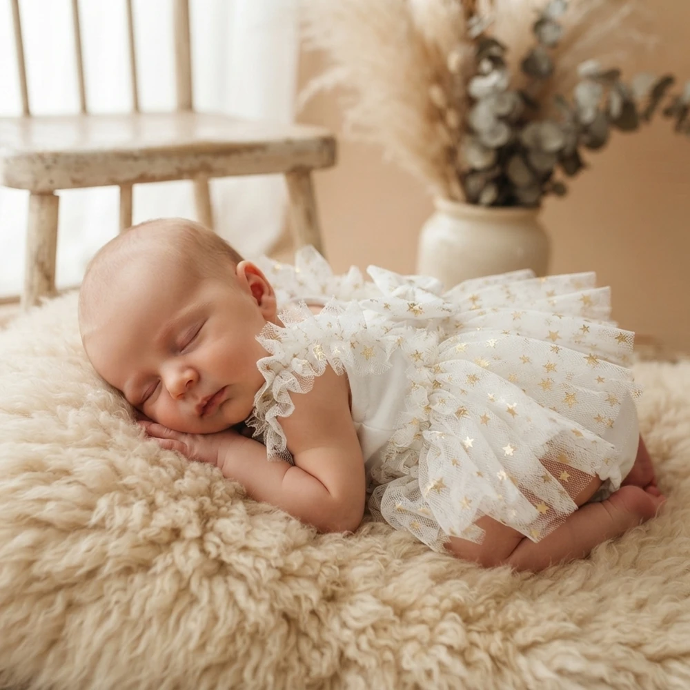 Elegant Baby Photography Clothes White Star Tulle Romper Newborn Photo Shoot Outfits Infant Princess Posing Prop Onesie
