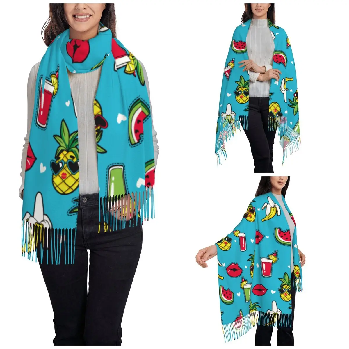 Holiday Pineapple Watermelon Banana Shawl Wrap for Women Warm Large Long Scarf Hippie Style Neckerchief Shawl Scarves