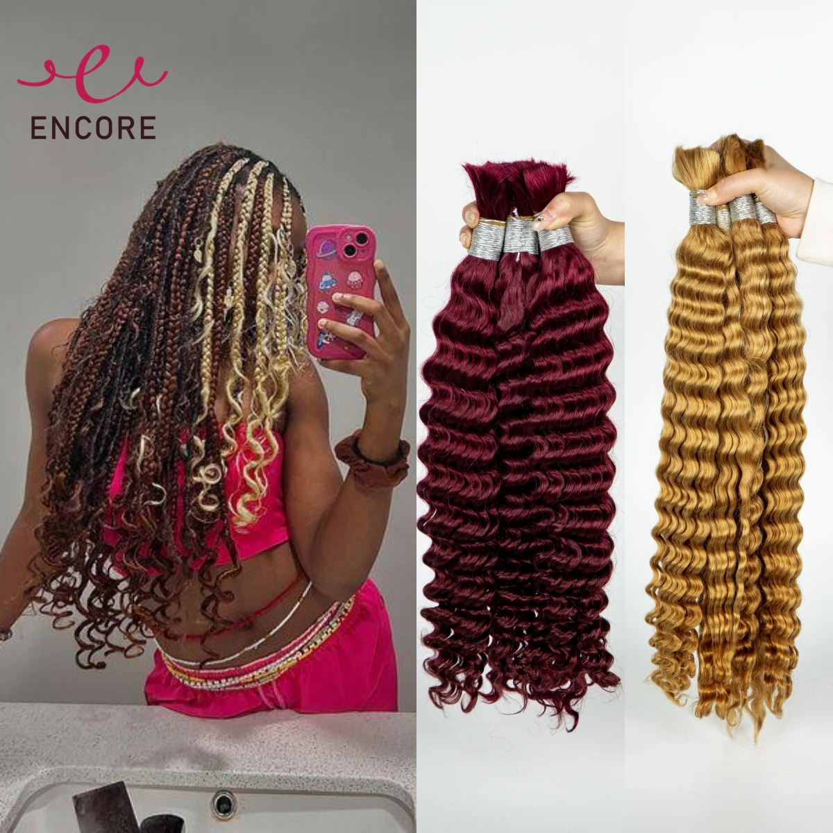 

28Inch 100% Human Hair Bundles for Boho Braideds Burgundy Ombre Clashing Colors Deep Wave Curly Hair Bulk for Braiding Extension