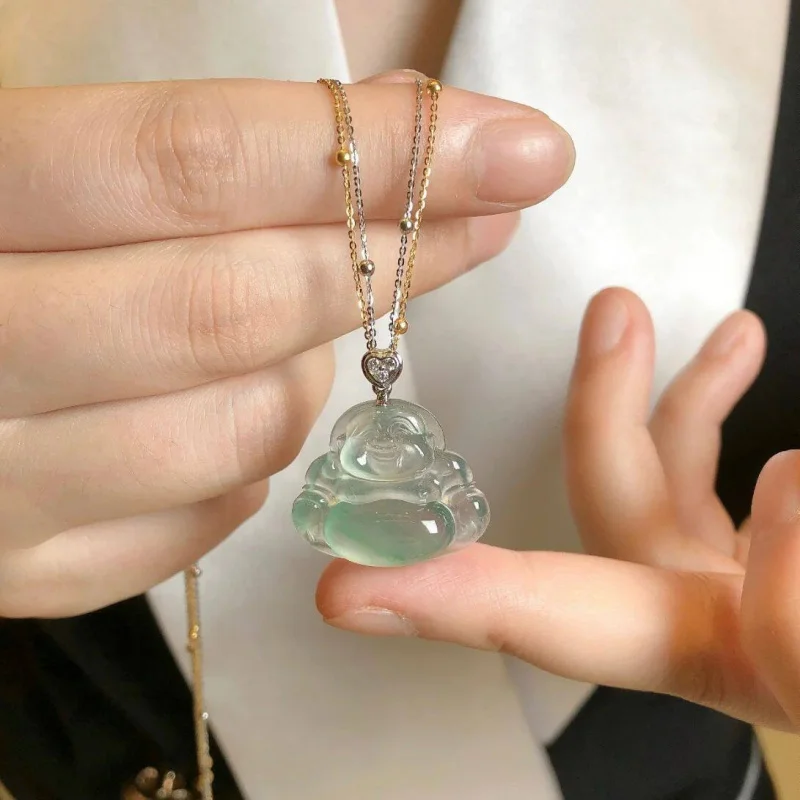 Natural pendant with green patterns, Burmese A-grade glass white ice Maitreya Laughing Buddha jadeite pendan