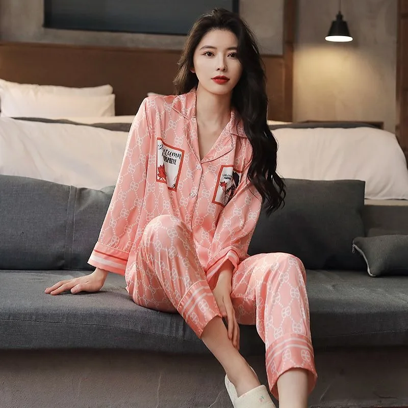 2024 New Pajamas Spring Autumn Women Thin Long Sleeve Ice Silk Loungewear Suit Female Casual Loose Breathable Nightclothes Sets