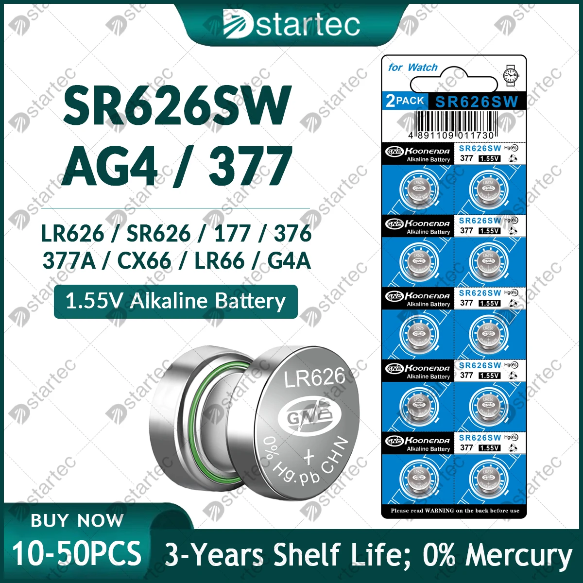 Koonenda LR626 AG4 1.55V Alkaline Button Battery, SR626SW 377 177 L626F LR66 G4A 377A V377 CX66 Coin Cell for Watch Clock Remote