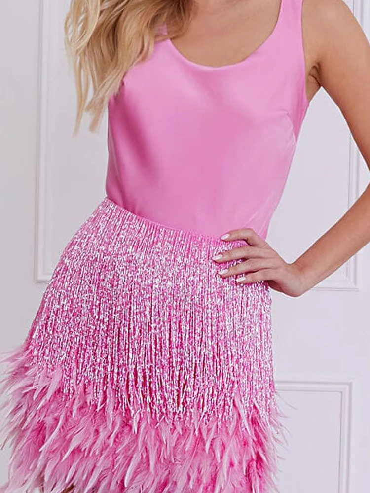 

Элегантный пуловер с круглым вырезом и мини-юбки, женская мода, однотонные костюмы из 2 предметов с бахромой, сексуальные вечерние юбки без рукавов, комплекты