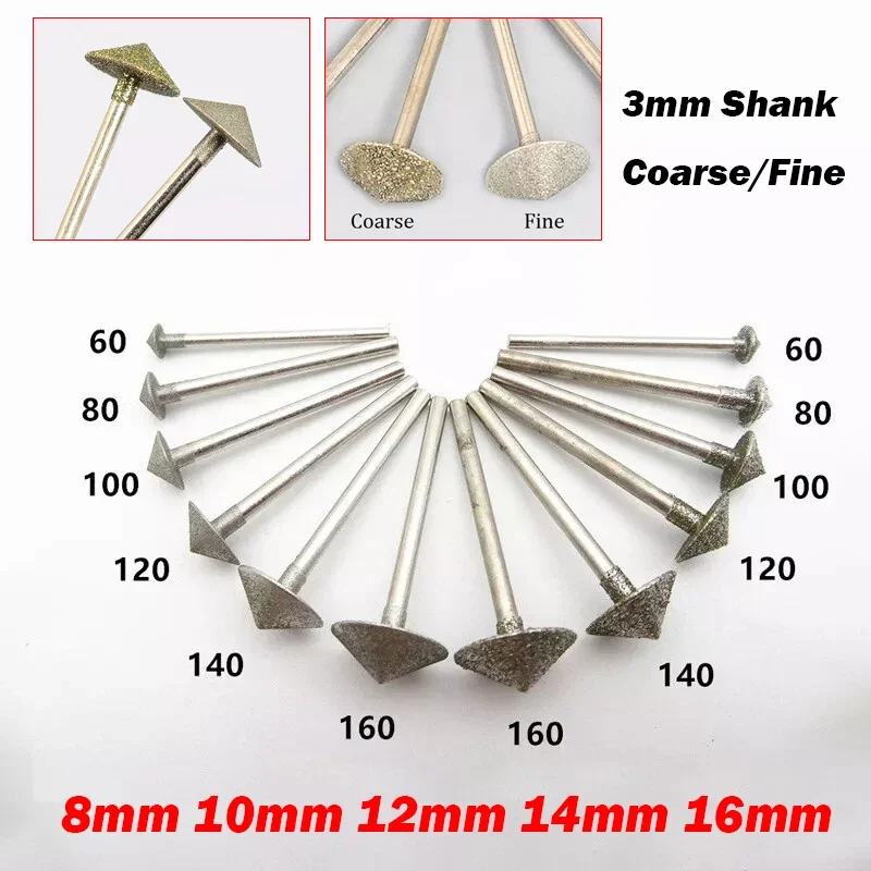 8/10/12/14/16mm Diamond Burr Drill Engraving Bits Umbrella For Dremel Rotary Tool Chamfer 3mm Shank Coarse/Fine