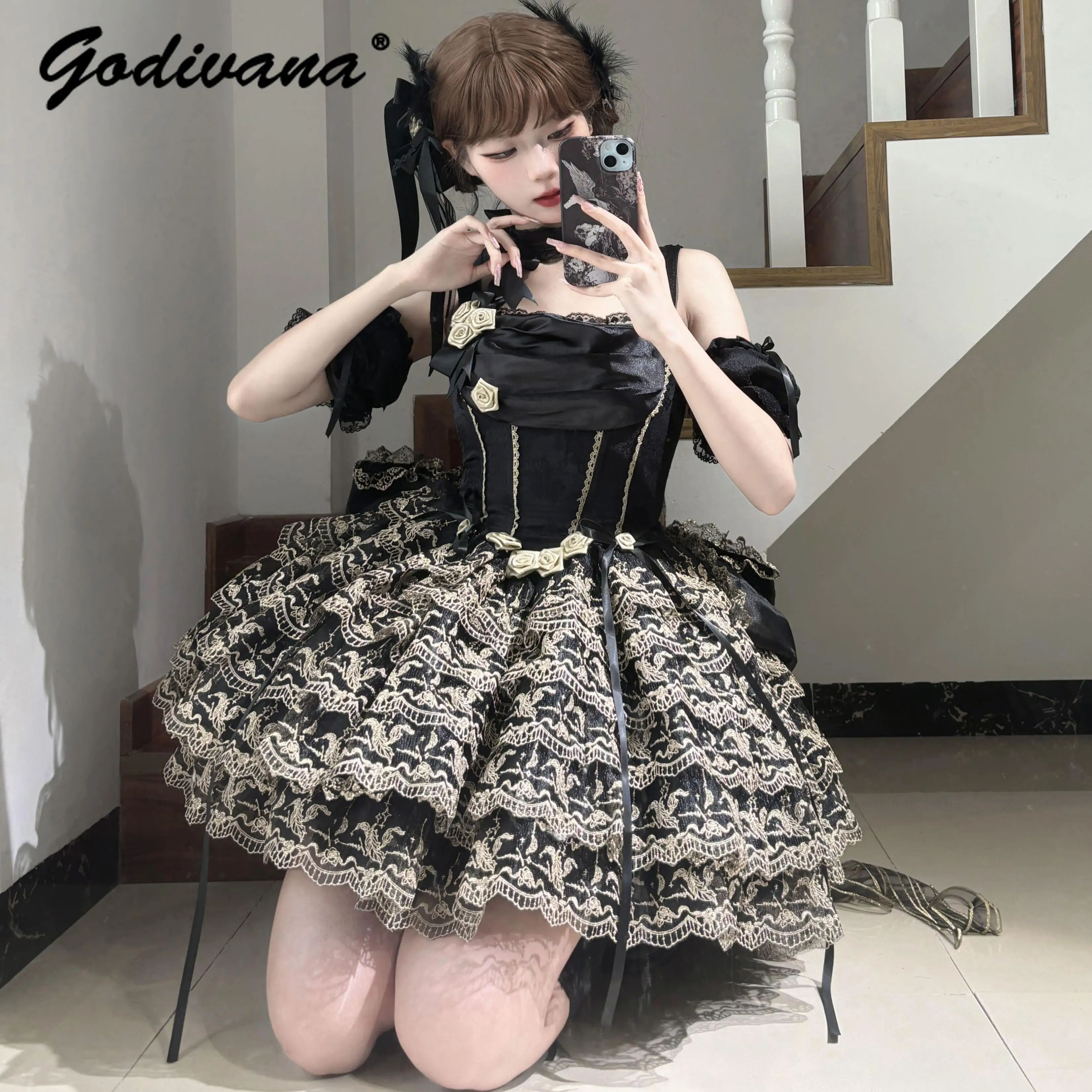 Original Princess Tutu Dress Sweet Cute Women Girls Embroidery Lace Flower Strapless Short Mini Jsk Dress with Big Bow Trailing