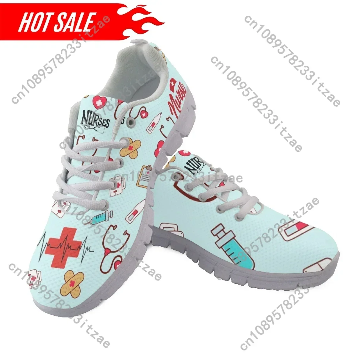 2025 Women Nurse Shoes Breathable Lace up Flat Shoes First Aid Sign Medical Tool Print Ladies Mesh Sneakers Zapatos