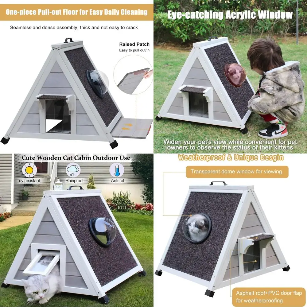 

Durable Outdoor Cat Shelter for Feral and Small Cats with Escape Hatch and Clear Window - Grey