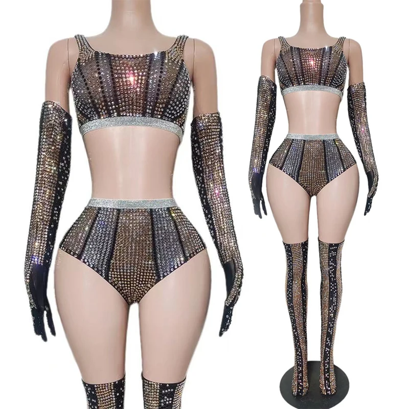 Sparkly Rhinestone Crop Top Shorts Set Women Show Stage Outfit Singer Dancer Performance Costume Nightclub Gogo Dance Wear 5931