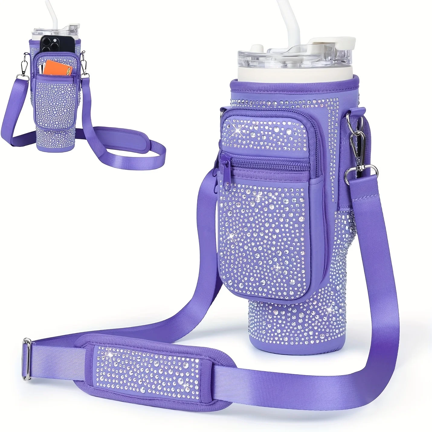 Universal Water Bottle Carrier with Bling Diamond Design, Phone Holder Pocket, Card Slots, And Detachable Adjustable Shoulder St