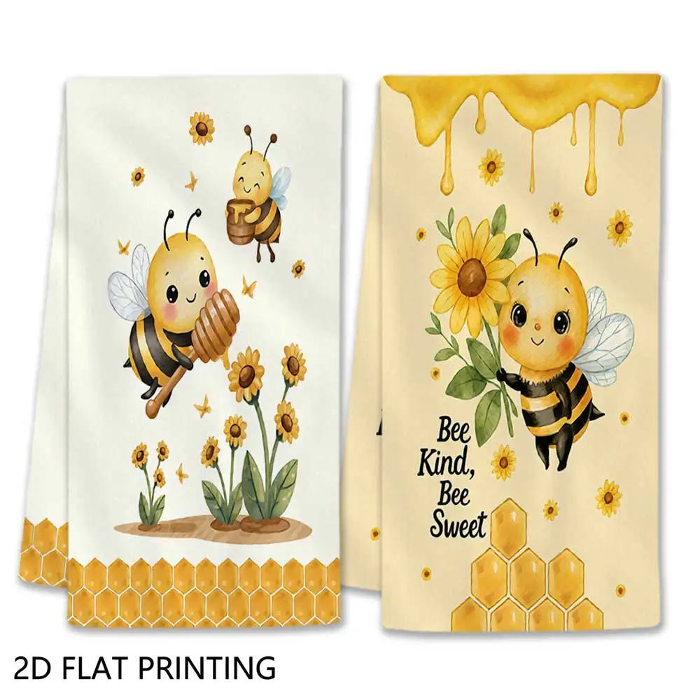 Jit 2pcs Bee Sunflower Honey Pattern Dish Towels For Home Kitchen Farmhouse Decor