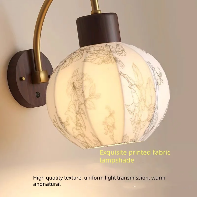 Chinese Bedroom Bedside Wall Lamp Modern Home Decoration Living Room Corridor Background Wall Lamps Printed Fabric Wall Lights