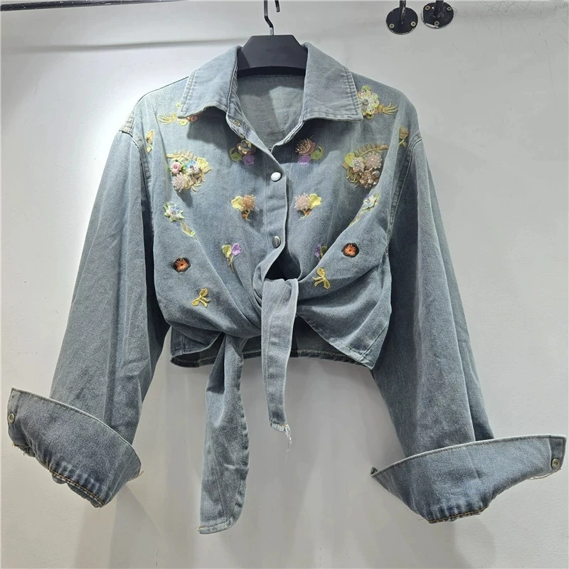 Light Blue Short Denim Shirt Jacket Vintage Beaded Embroidery Lapel Single-Breasted Long Sleeve Spring Autumn Women Jeans Jacket