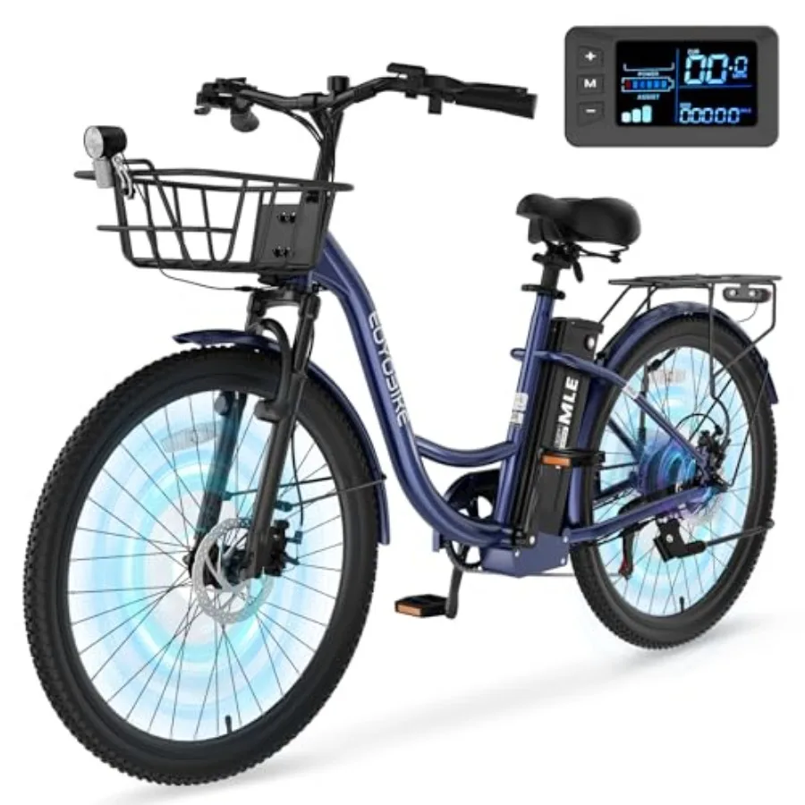 

City commuter e-bike for adults: aluminum frame black 700W peak power 7-speed step-through cruiser with 36V 10.4Ah battery and