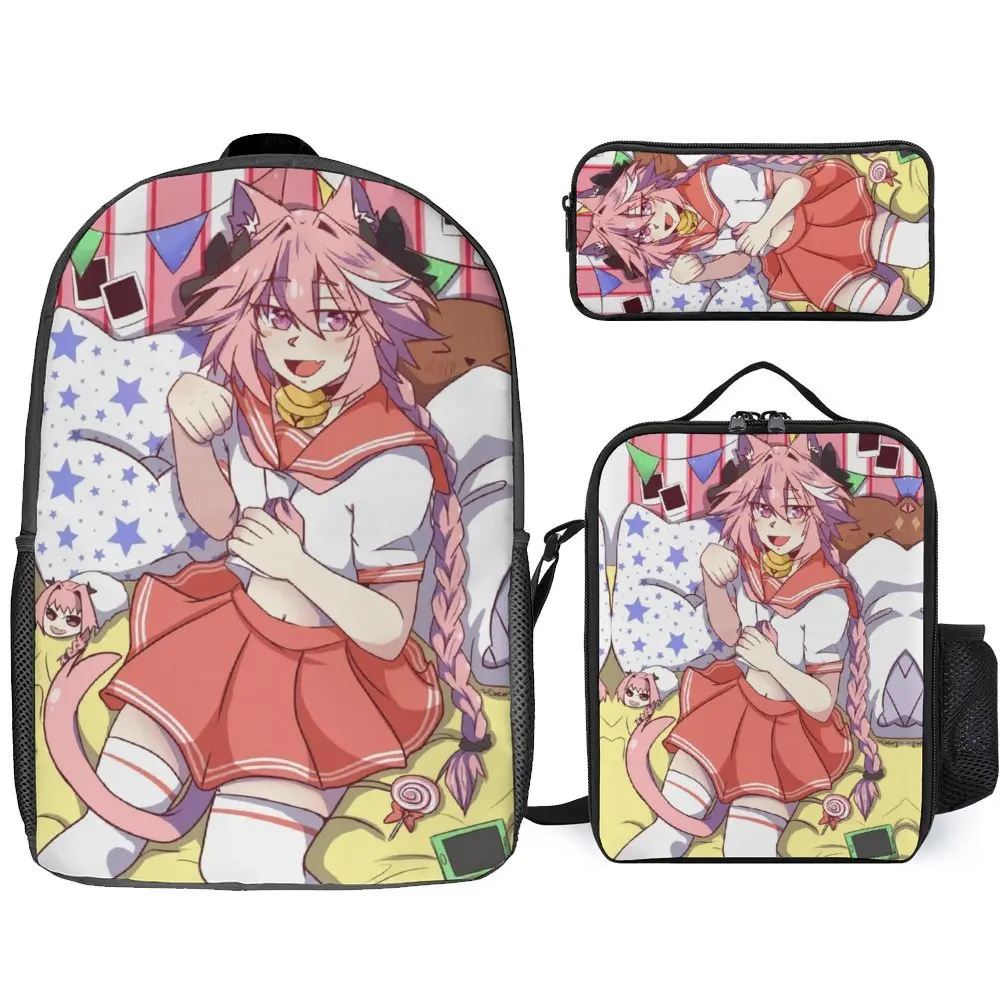 

Fate Stay Night Feito Sutei Naito Game Crewneck Rider Astolfo 2 3 in 1 Set 17 Inch Backpack Lunch Bag Pen Bag Travel Premium Las