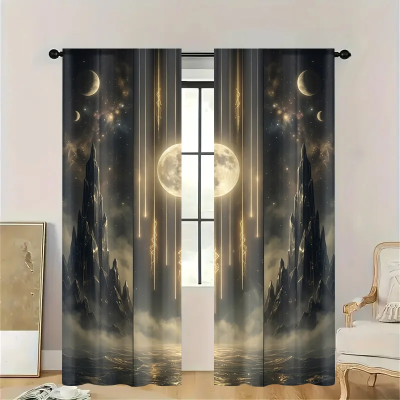 Ethereal Fantasy Moon Night Sky Curtains Sheer Window Drapes Cosmic Mountain Backdrop Celestial Lights Galaxy Aesthetic Home Dec