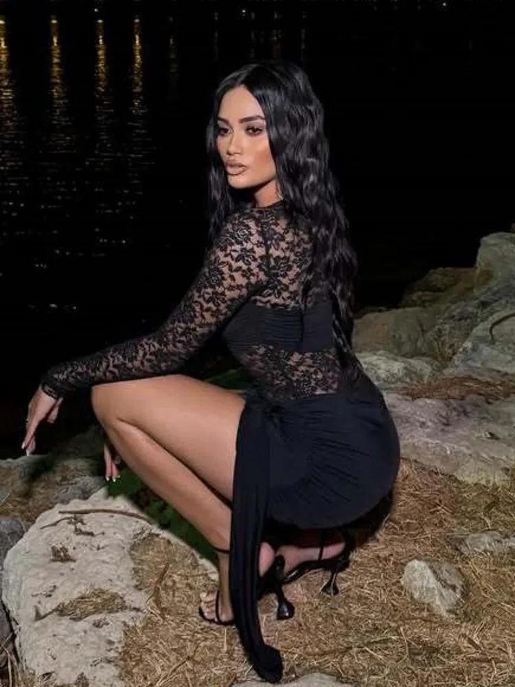 Articat sexy renda retalhos fita dupla camada vestido feminino elegante manga comprida ver através da saia apertada festa vestido de noite