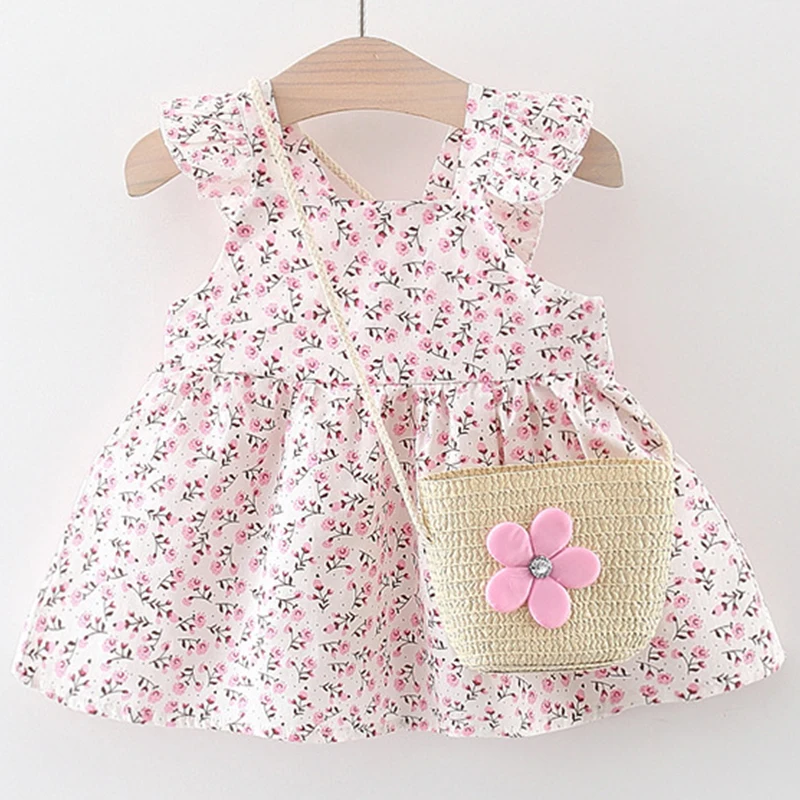 2Piece Summer Outfit Toddler Girls Dresses Korean Cute Flowers Sleeveless Cotton Princess Beach Baby Dress 0 To 12 Months BC415