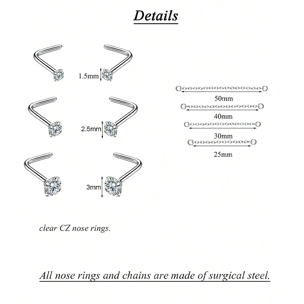 5pcs 18/20G Diamond CZ Nose Rings 1.5mm 2.5mm 3mm CZ Nose Studs With Chain Stainless Steel Nose Piercing Jewelry Nose Ring Studs