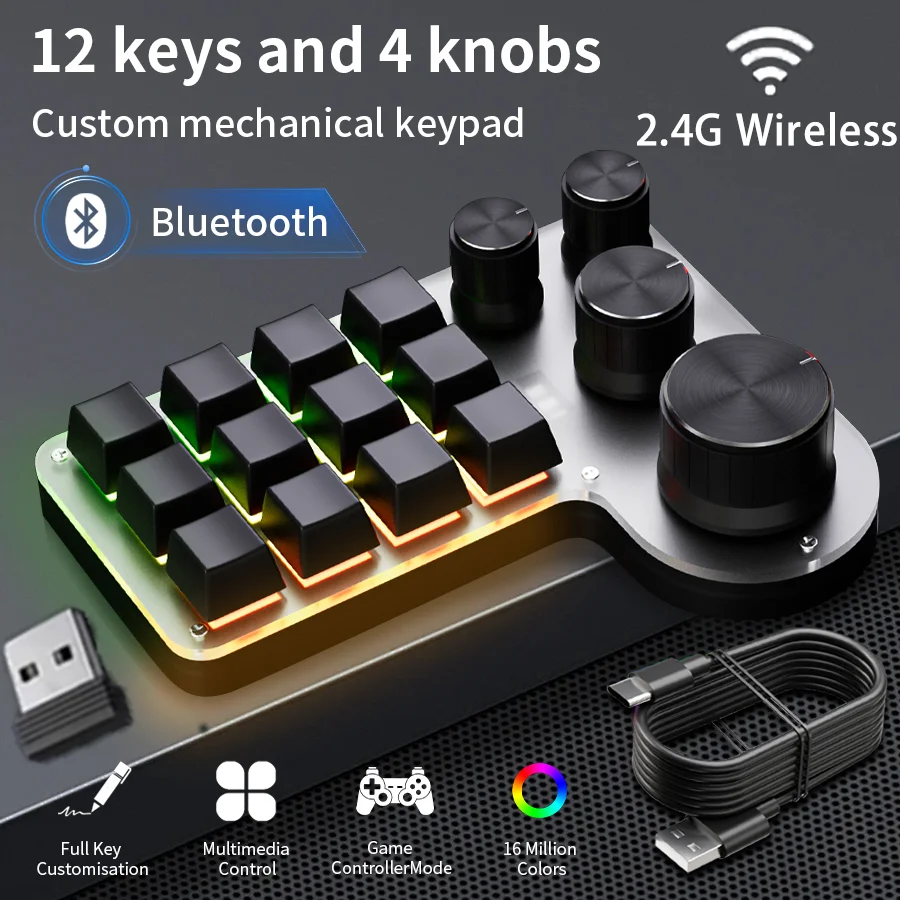 2.4G 3 Mode RGB 12 Key 4 Knob Custom Programming Macro Mini Portable Mechanical Keyboard Photoshop Hot Swappable Gaming Keyboard