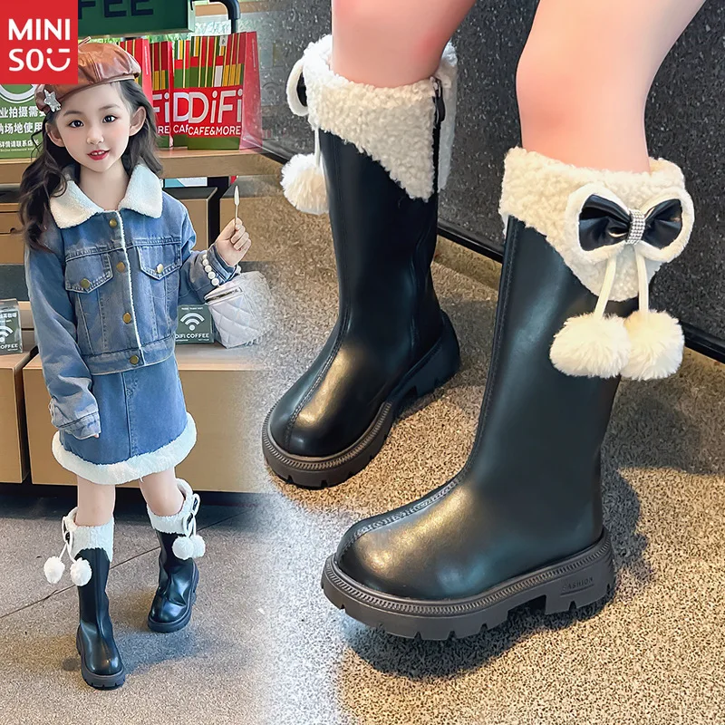 Miniso 2025 Botas longas de couro para meninas, sapatos de inverno de cano alto de pelúcia para crianças