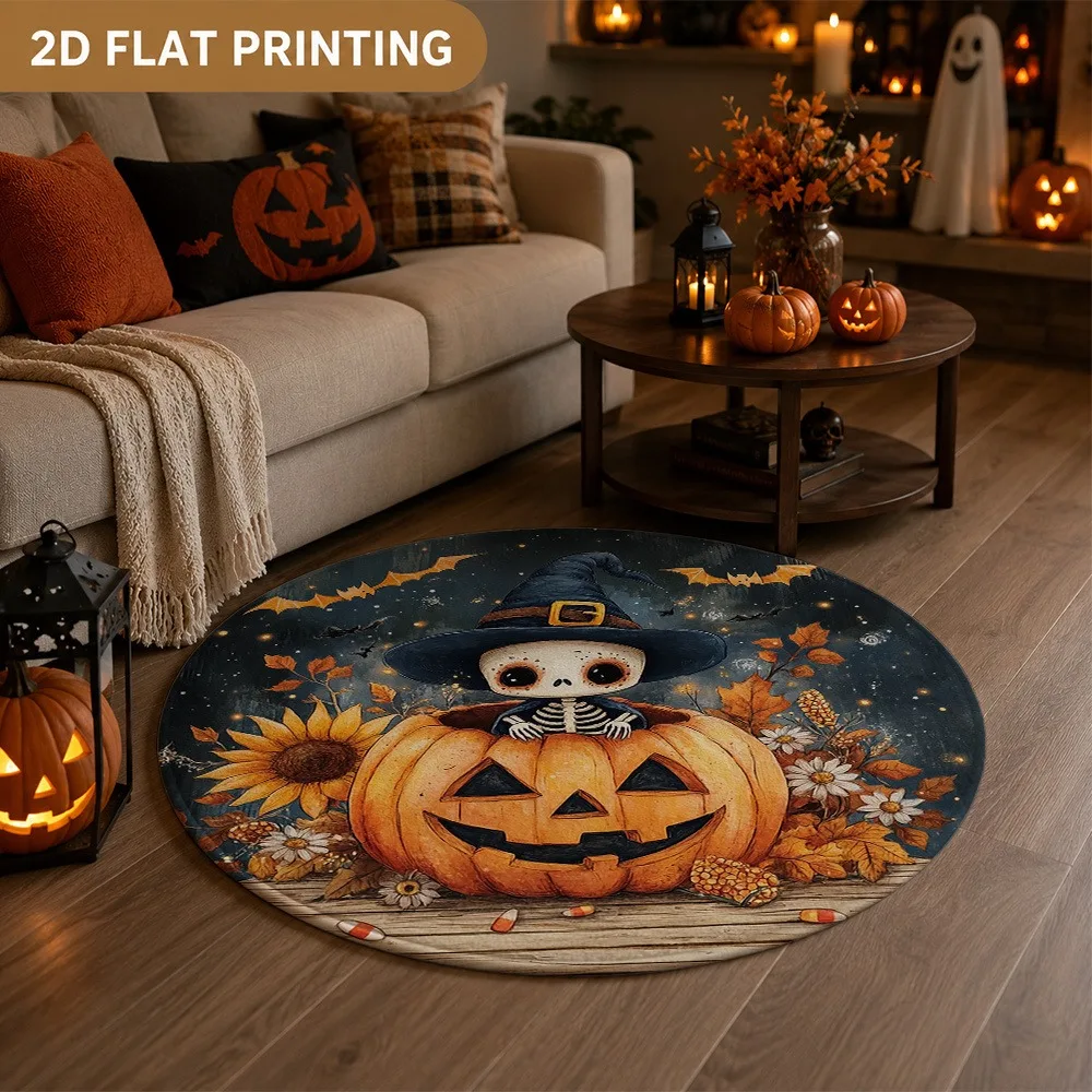 Autumn Halloween Round Rug Scary Pumpkin Lantern Bat Midnight  Print Soft Circular Mat Indoor Outdoor Themed Home Decor Carpet