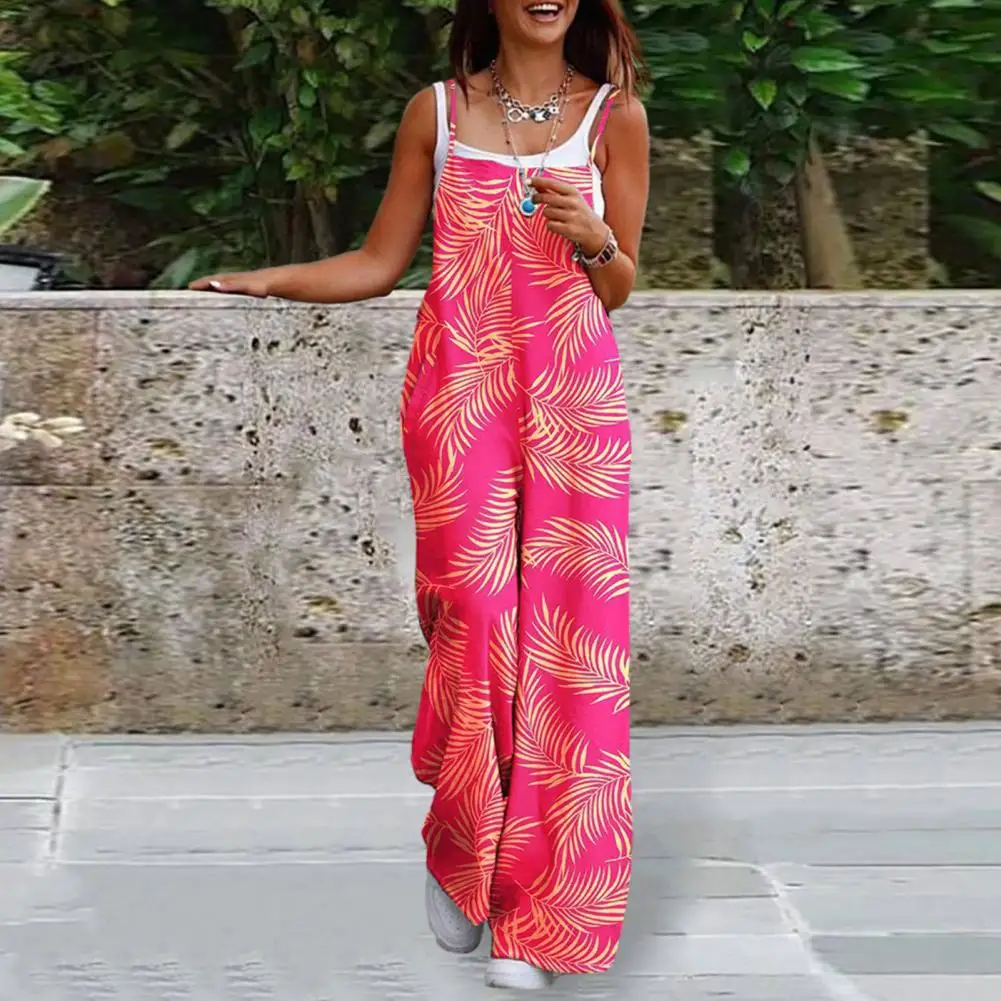 

Casual High Waist Women Jumpsuit Pockets Sleeveless Jumpsuit Stylish Women's Retro Print Romper Star Leaves Pattern Square