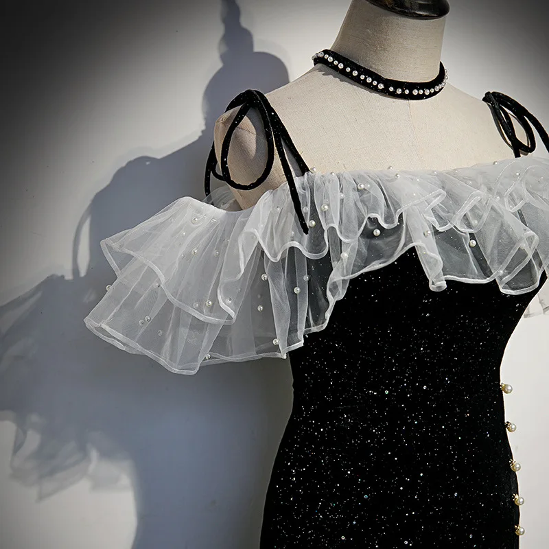 ライト高級女性のイブニングドレスエレガントなスパゲッティストラップフリルオフショルダースパンコールパーティーウエディングドレス女性宴会 Vestido