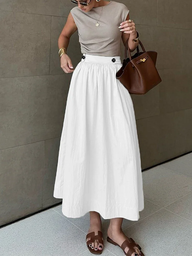 

Женские тонкие однотонные юбки, летняя мода, универсальная хлопково-льняная юбка трапециевидной формы, повседневная женская длинная юбка с карманом в стиле Харадзюку и высокой талией