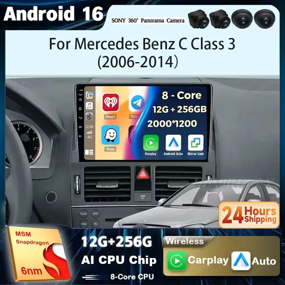 Android 16 Carplay Auto For Mercedes Benz C Class 3 W204 S204 2006 2007 2008 2009 - 2011 Multimedia Stereo Player GPS WIFI 360