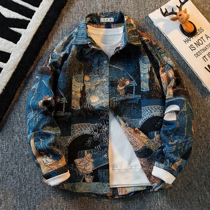 Men's Long-sleeved Shirt Vintage Retro Oil Painting Buttons Shirts Casual Jacket Turndown Collar Single-breasted Loose Tops